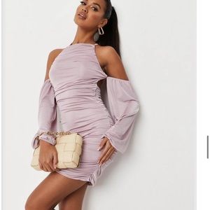 lilac cut out ruched slinky double layered mini dress